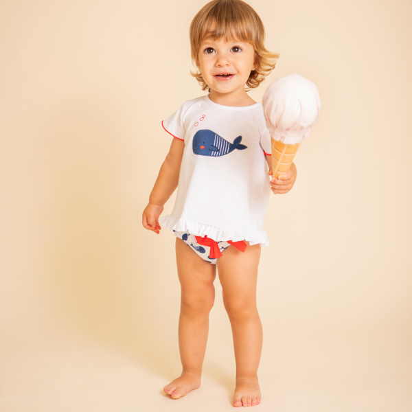 Conjunto baño bebé niña estrellas de mar. Bañador bebé niña a juego con  camiseta baratos. Envío gratis